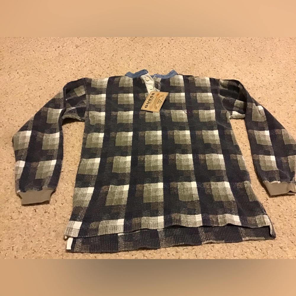 GUESS WOMENS SZ S 8-10 RIBBED PULL OVER NWT Y2K TOP HENLEY DENIM COLLAR